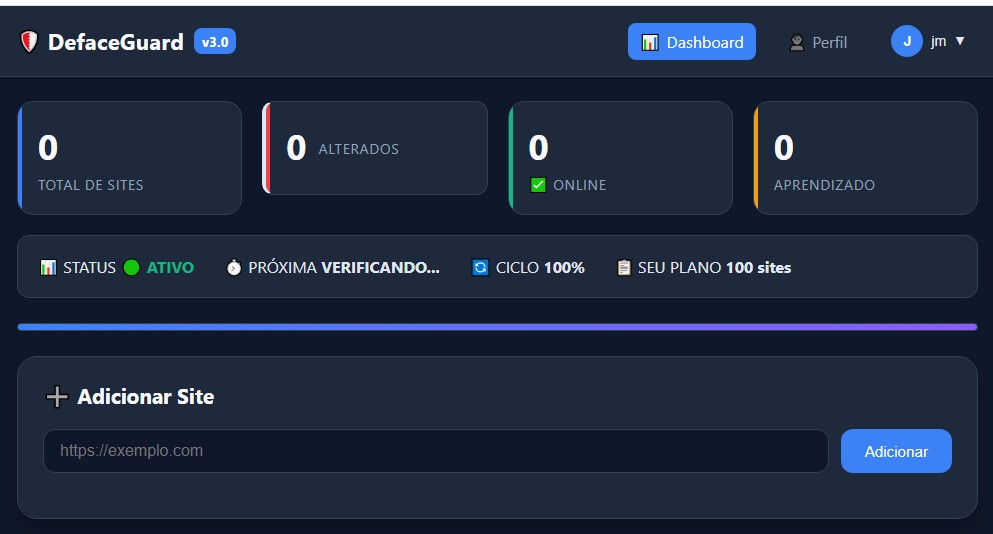 Dashboard DefaceGuard mostrando monitoramento de segurança